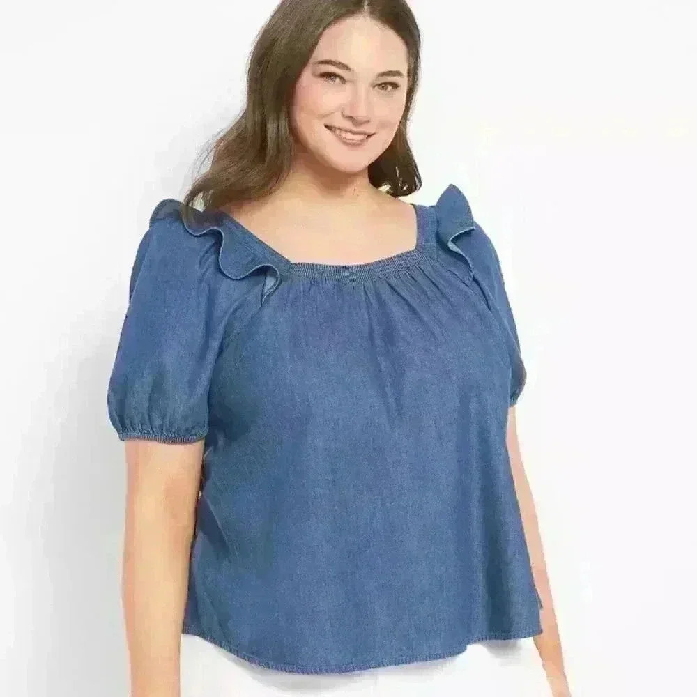 Lane Bryant Short Bubble Sleeve Ruffled Square Neck Top NWT Size 20